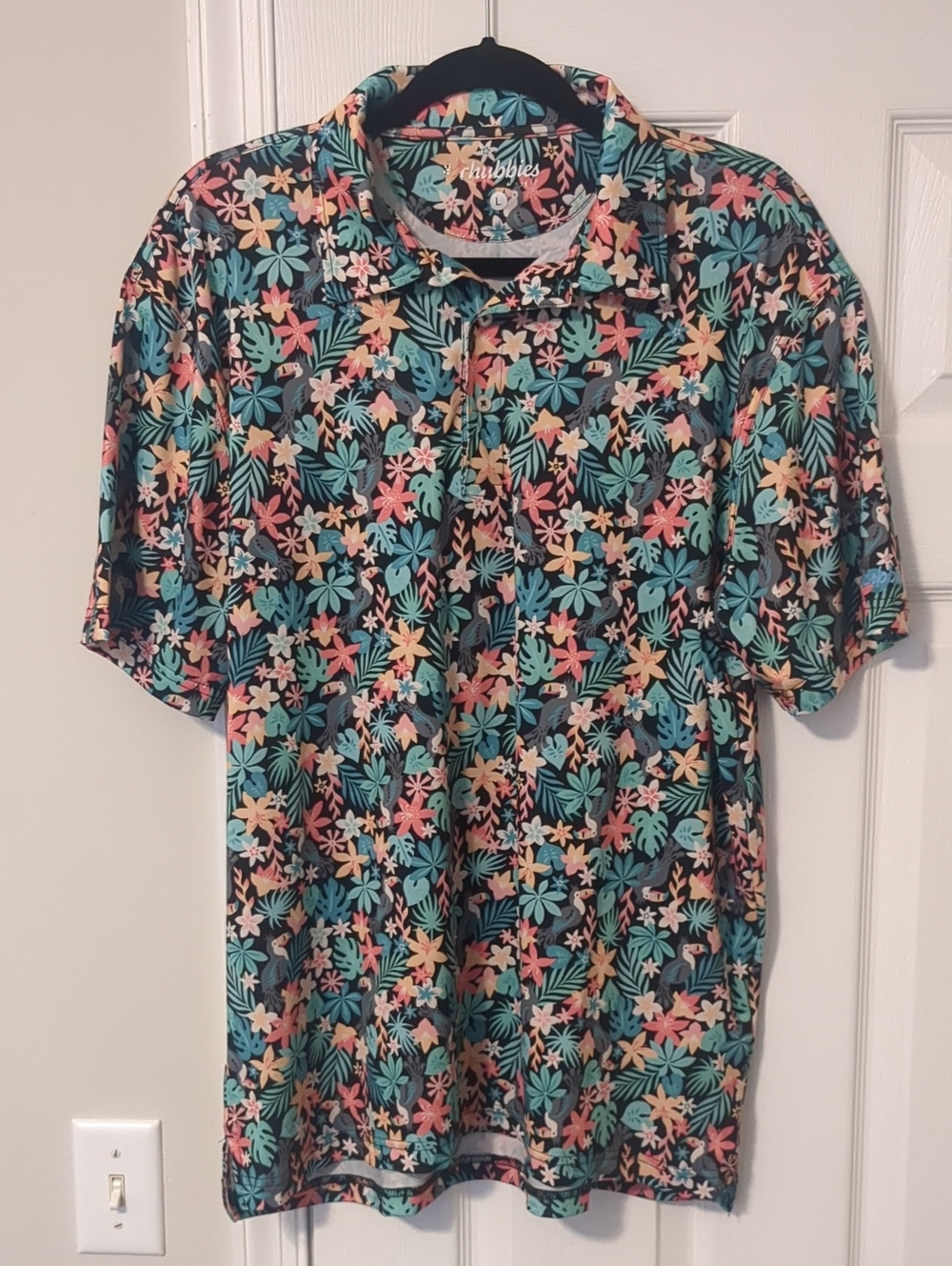 chubbies Floral Tropical Polo - Black with Green, Teal, Coral & Cream